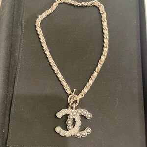 CHANEL Silver Necklace with Large CC Logo Pendant, perfect for Valentine’s Day!